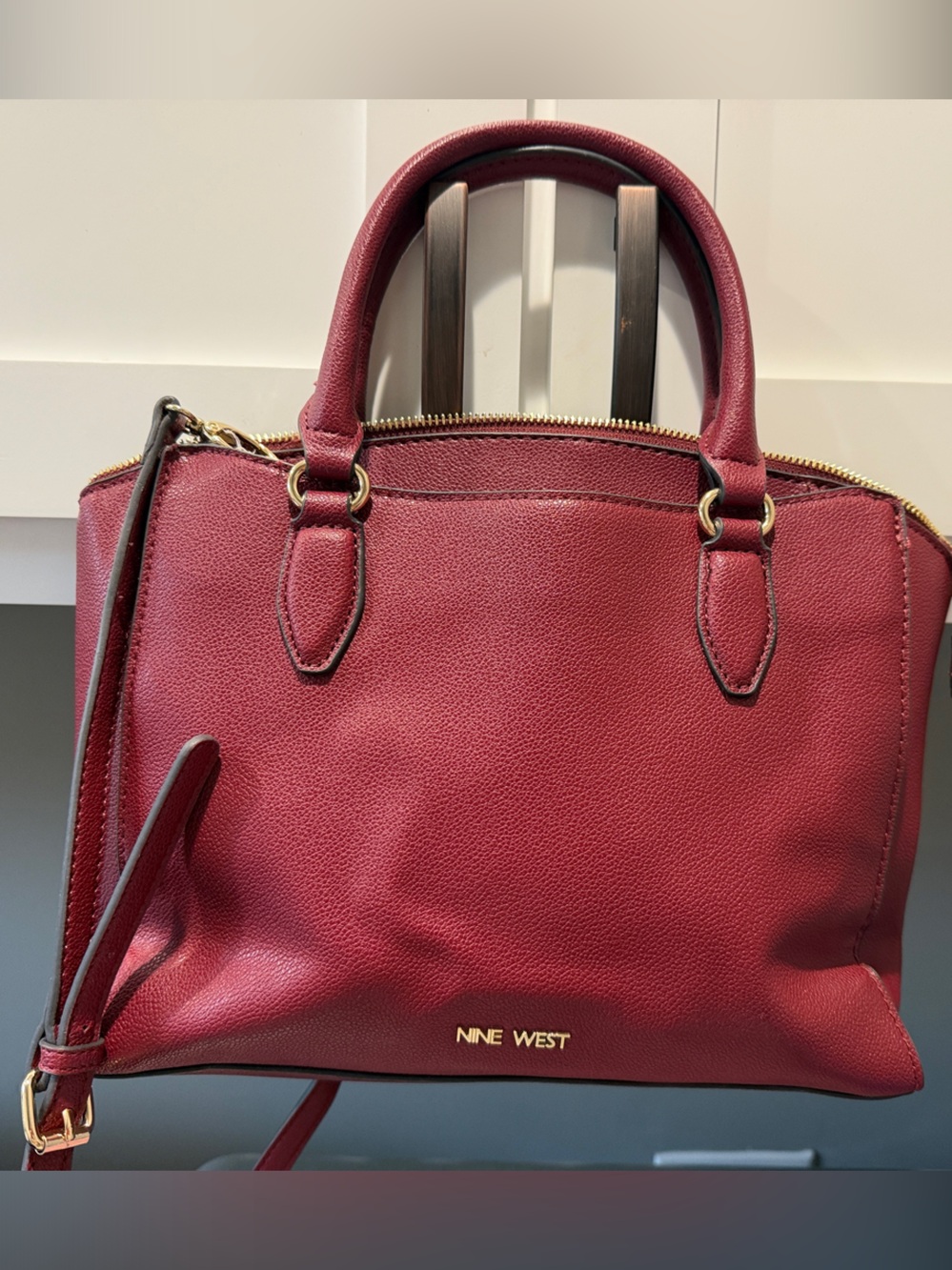 Nine West Wine Red Pebbled Leather Satchel with Gold Accents